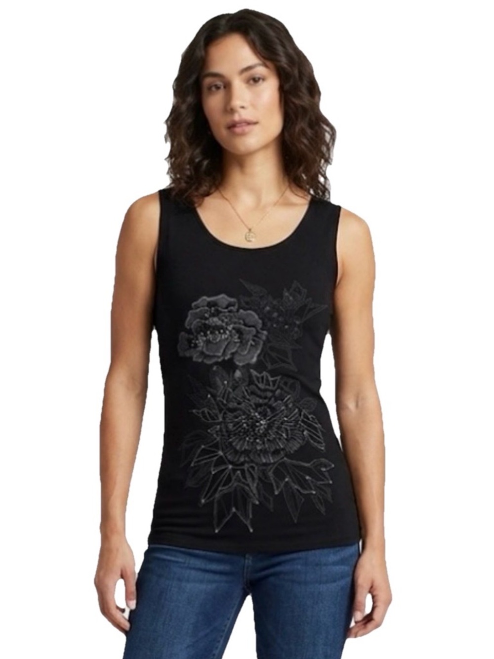 Key Closet Flowers Swarovski Studded Women’s Black Tank Top Size Small